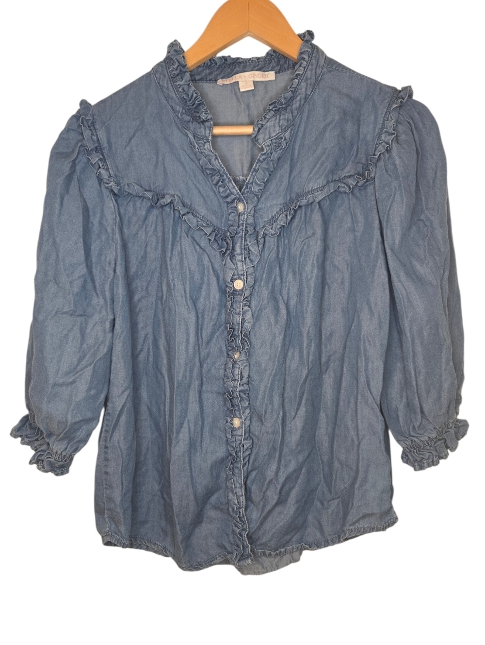 Y2K Chambray Ruffle Blouse Stella + Ginger Prairie Coquette Top Small